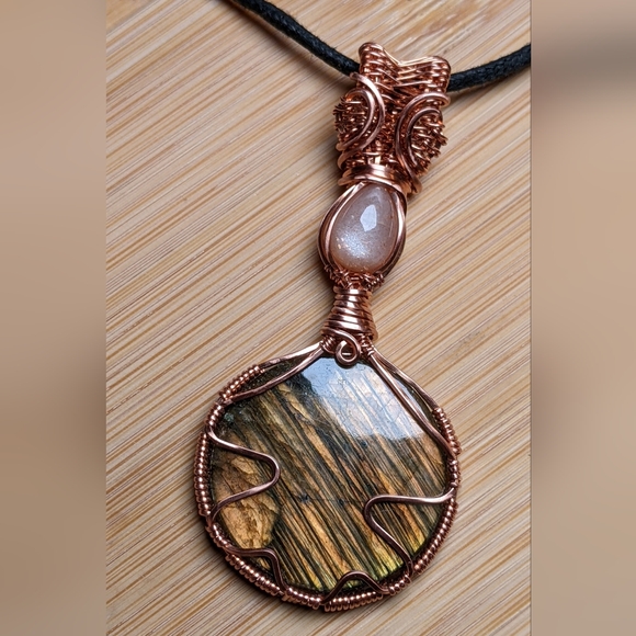 Artisan Jewelry - Iridescent Gemstone Pendant Necklace Artisan Copper Wire Wrap Design